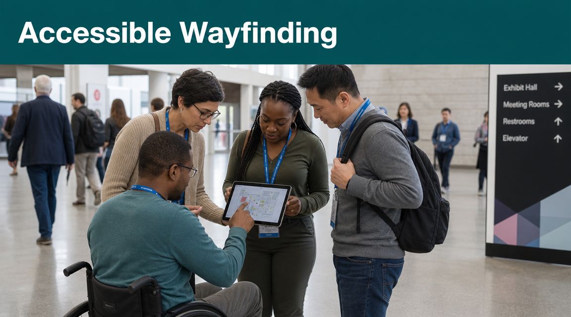 A diverse group of colleagues reviewing a digital building map on a tablet for accessible wayfinding.