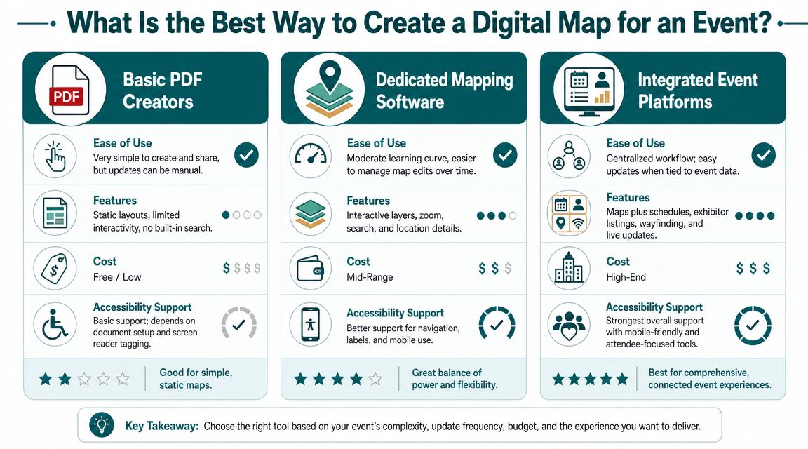 A comparison chart outlining three digital event mapping tools: PDF creators, dedicated software, and integrated platforms.