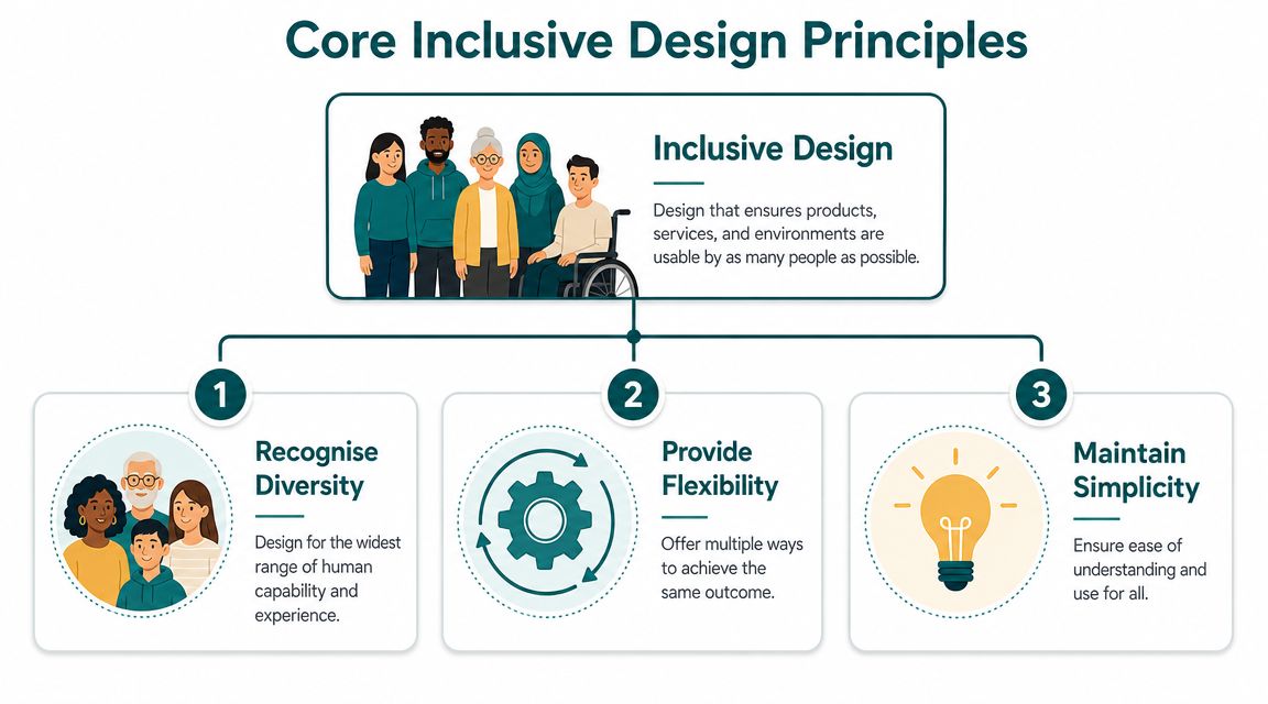 A diagram outlining three core inclusive design principles: recognize diversity, provide flexibility, and maintain simplicity.