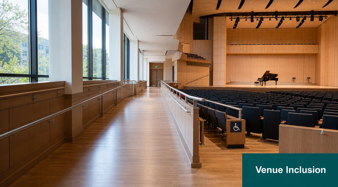 A modern concert hall interior featuring a wide wooden hallway with handrails leading to auditorium seating.