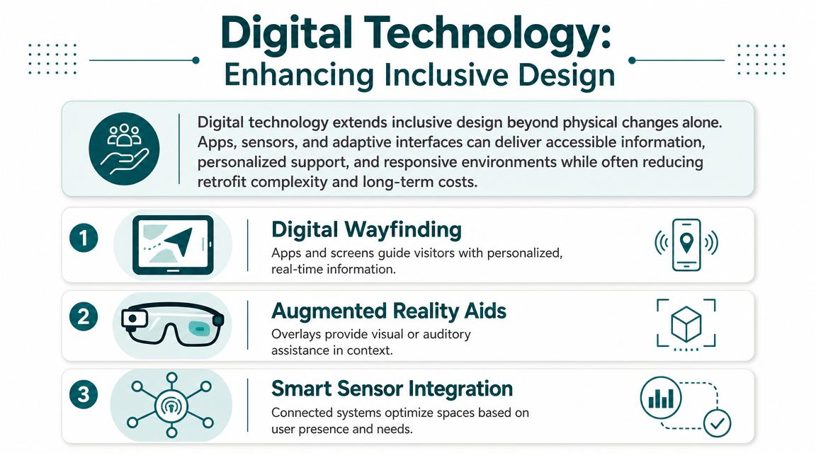An infographic titled Digital Technology Enhancing Inclusive Design, explaining digital tools like wayfinding, augmented reality, and sensors.