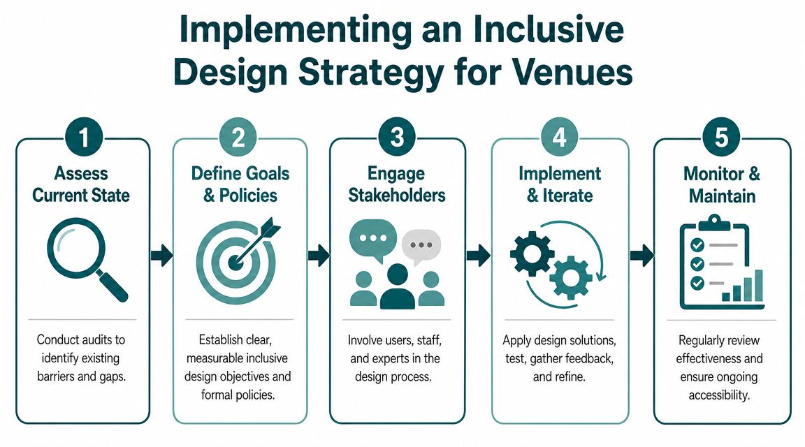 A flowchart showing five steps for implementing an inclusive design strategy for accessible public venues.