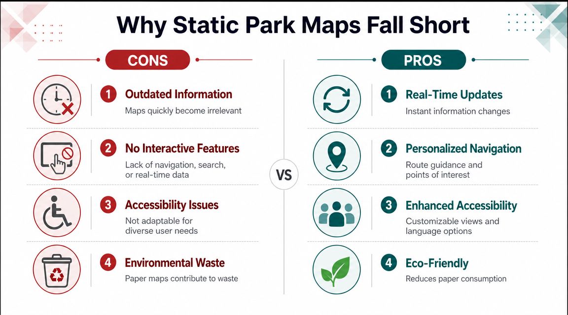 A comparison infographic showing the drawbacks of traditional static park maps versus the benefits of digital alternatives.