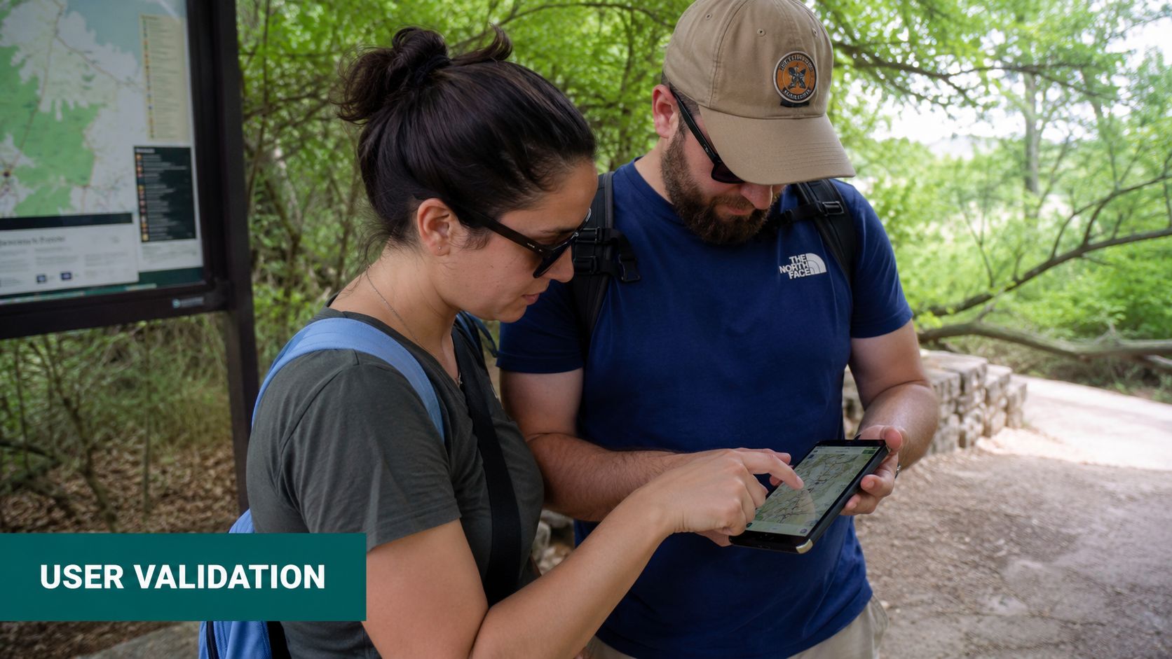 A couple examining a digital map on a tablet while standing near a park information sign.