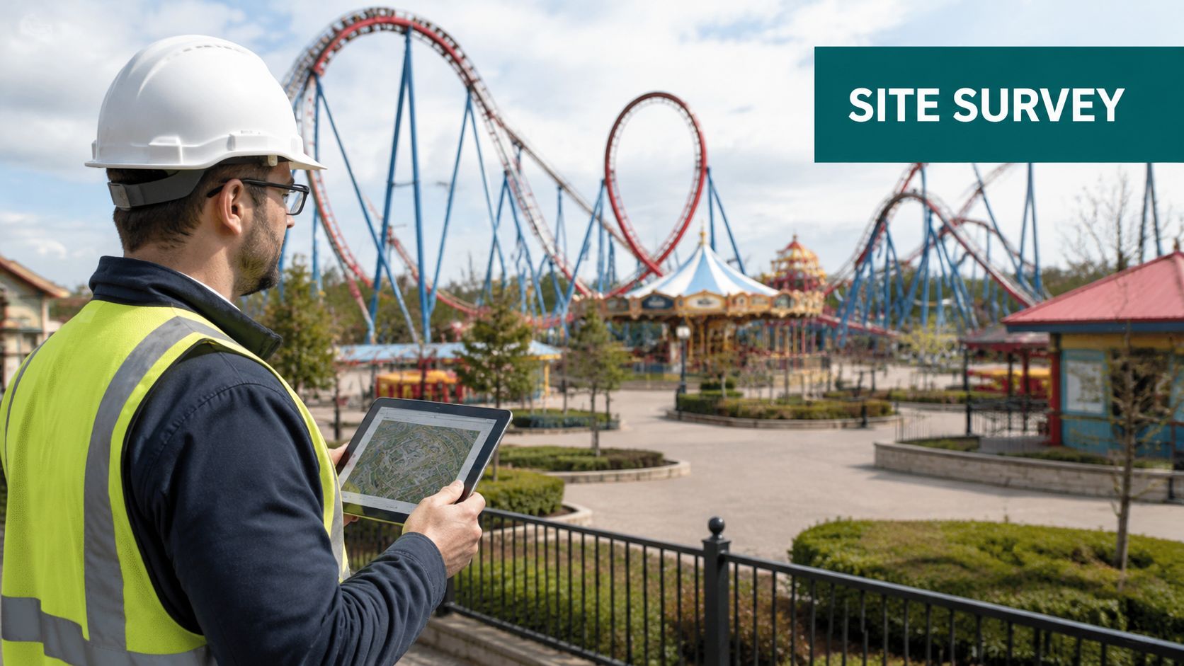 A construction engineer in a hard hat and safety vest inspecting an amusement park site using a tablet.