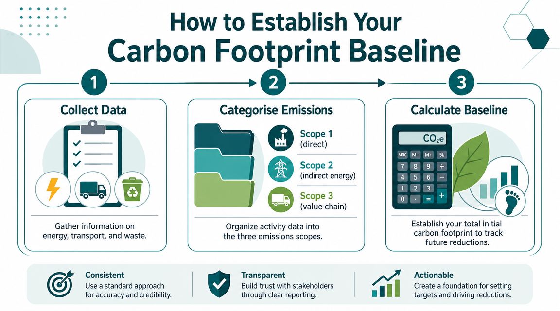 A three-step infographic showing how to establish a business carbon footprint baseline through data collection and calculation.