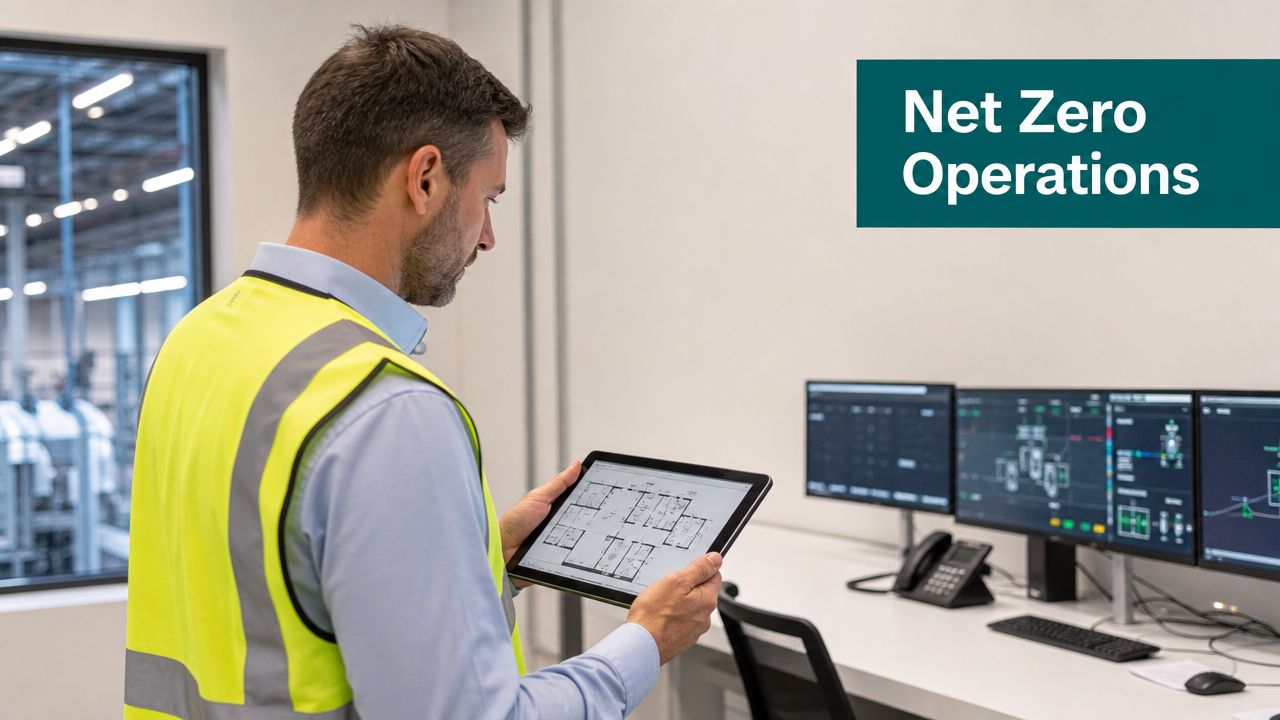 A professional man in a safety vest holding a tablet with a floor plan in an office.