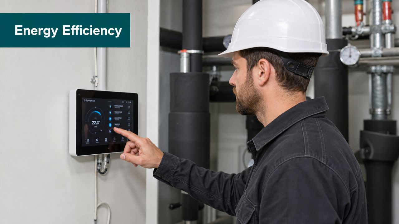 A technician wearing a hard hat adjusts settings on a digital wall-mounted smart control panel for energy management.