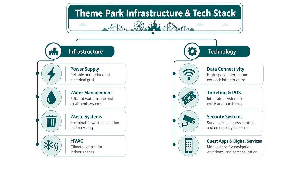 A diagram outlining essential theme park infrastructure and technology components including power, water, security, and digital services.