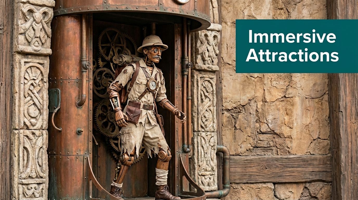 A life-sized steampunk explorer animatronic emerging from a gear-filled copper doorway in an immersive theme park setting.