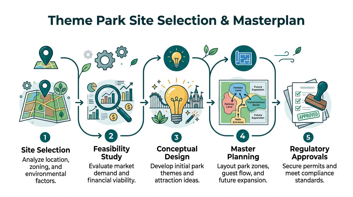 An infographic showing the five stages of developing a new theme park from site selection to regulatory approvals.
