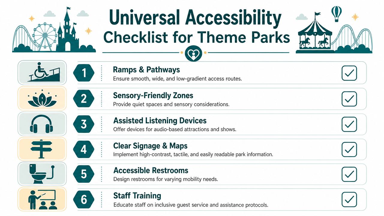 A universal accessibility checklist for theme parks detailing six essential inclusive design features for guest comfort.