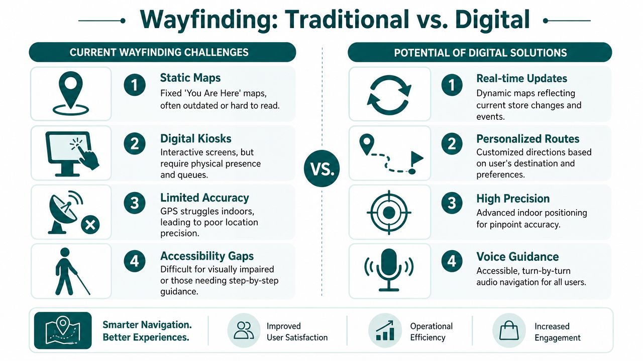 An infographic comparing traditional static wayfinding challenges with the modern potential of digital navigation solutions for shoppers.