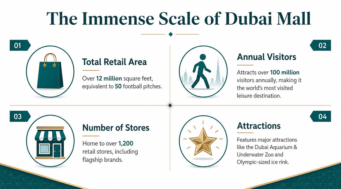 An infographic detailing the vast scale of Dubai Mall, including visitor statistics, store numbers, and major attractions.