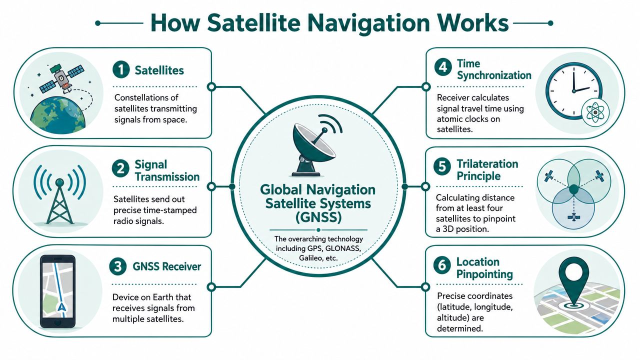 A diagram illustrating the six-step process of how global navigation satellite systems work to determine precise locations.