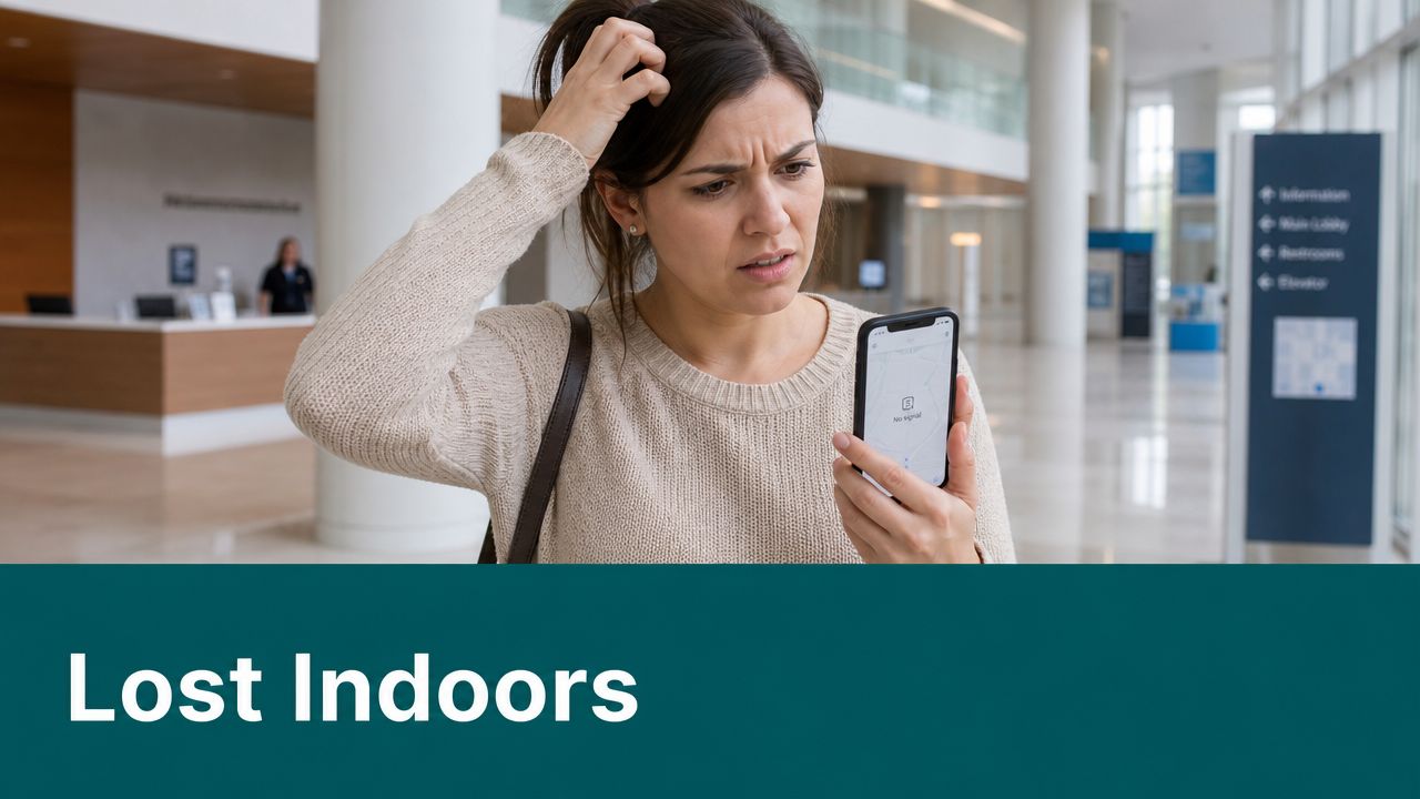 A confused woman holding a smartphone with no signal while standing in a large office building lobby.