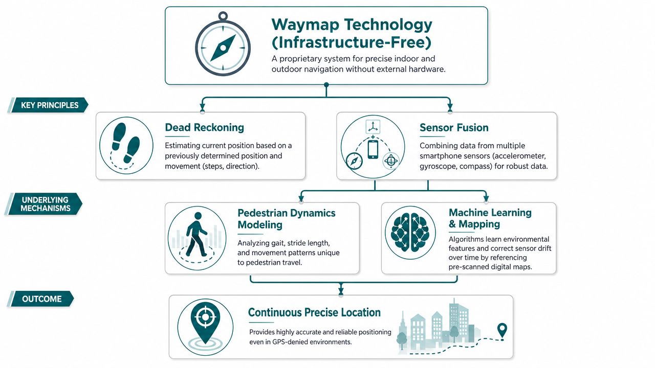 A flowchart explaining the Waymap infrastructure-free navigation technology system using dead reckoning, sensor fusion, and machine learning.