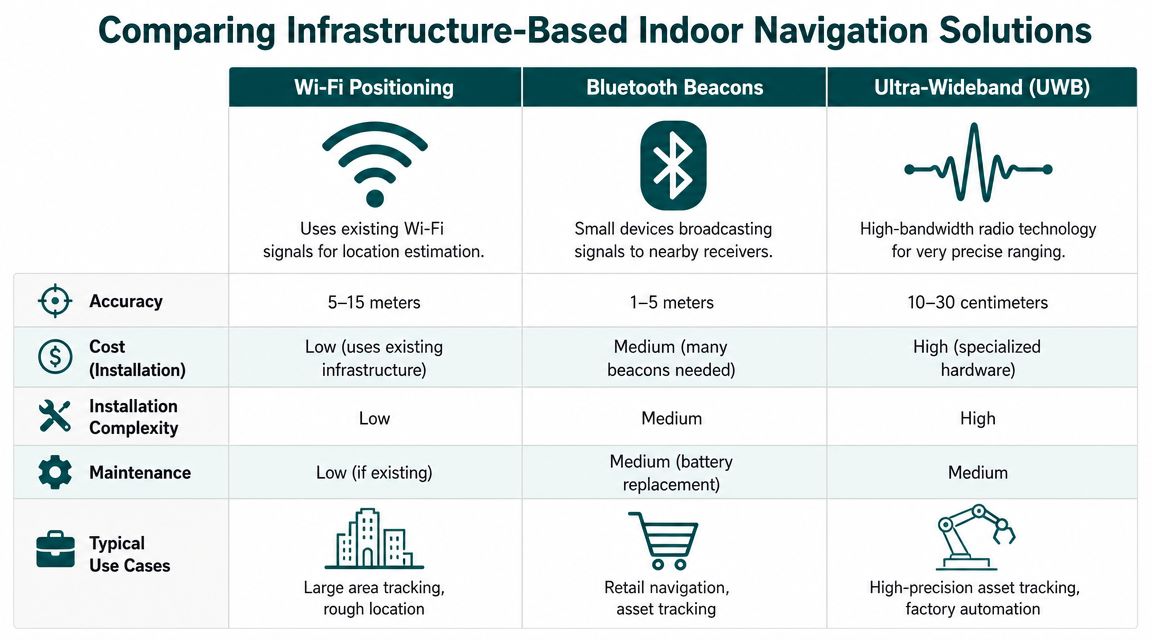A comparison chart showing features and use cases for Wi-Fi, Bluetooth, and Ultra-Wideband indoor navigation technologies.