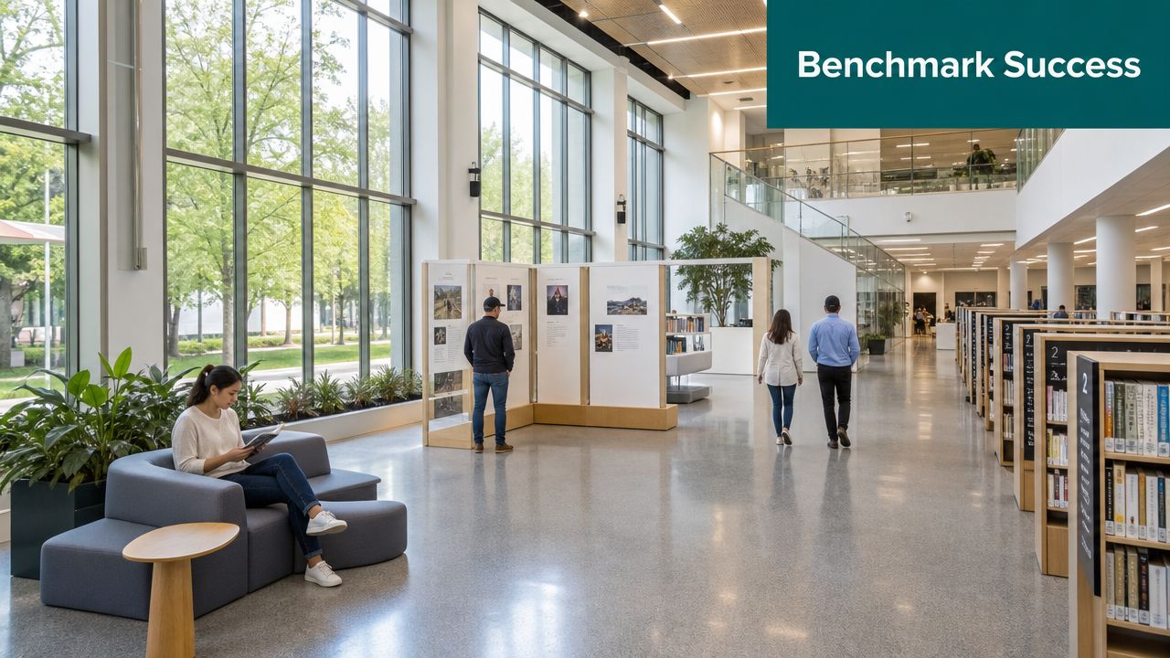 A bright, modern university library interior featuring students reading, walking, and looking at an educational exhibit.