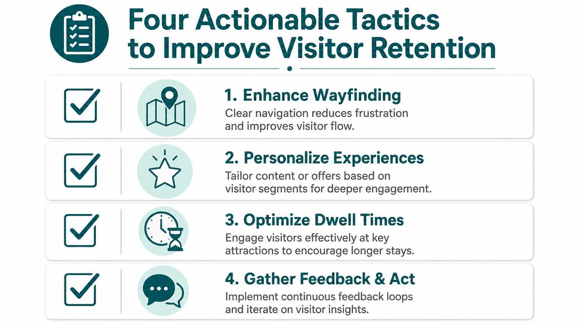 An infographic outlining four actionable tactics to improve visitor retention including navigation, personalization, dwell time, and feedback.