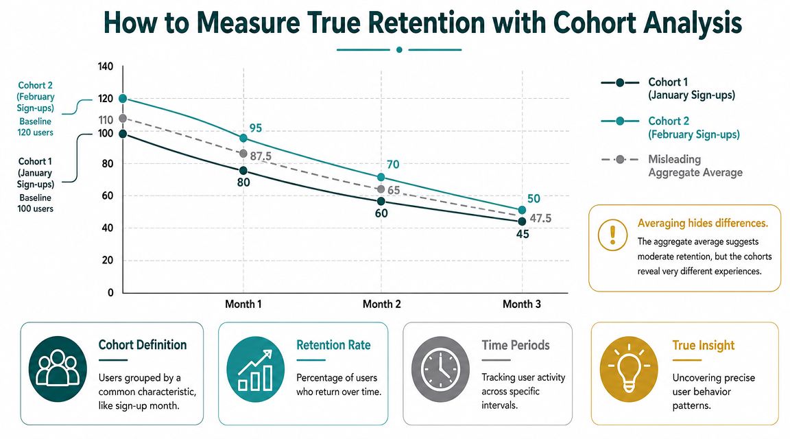 A graph comparing user retention rates of two cohorts over three months to show analytical accuracy.