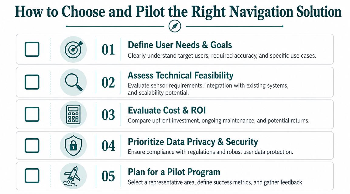 An infographic outlines five essential steps for selecting and piloting a navigation solution for businesses.