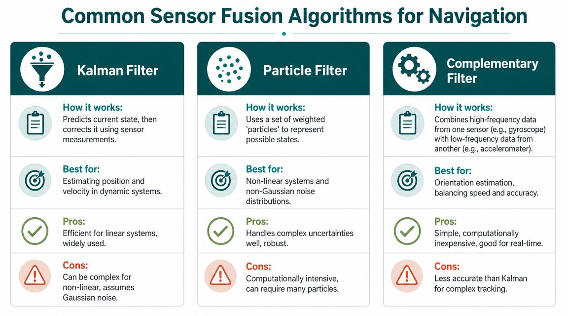 A comparison chart highlighting the characteristics, pros, and cons of Kalman, Particle, and Complementary sensor fusion algorithms.
