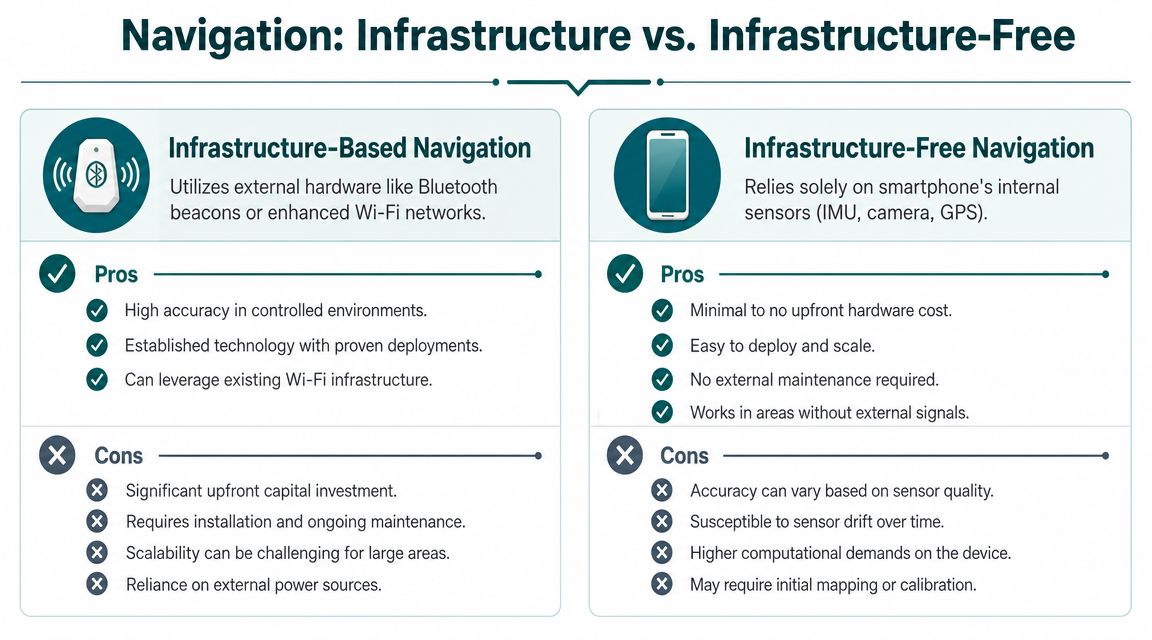 A comparison chart outlining the pros and cons of infrastructure-based versus infrastructure-free navigation systems.