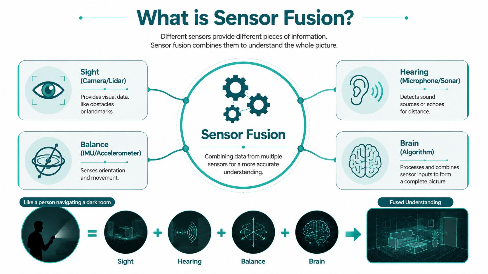 An infographic explaining sensor fusion by combining data from vision, sound, balance, and processing algorithms.