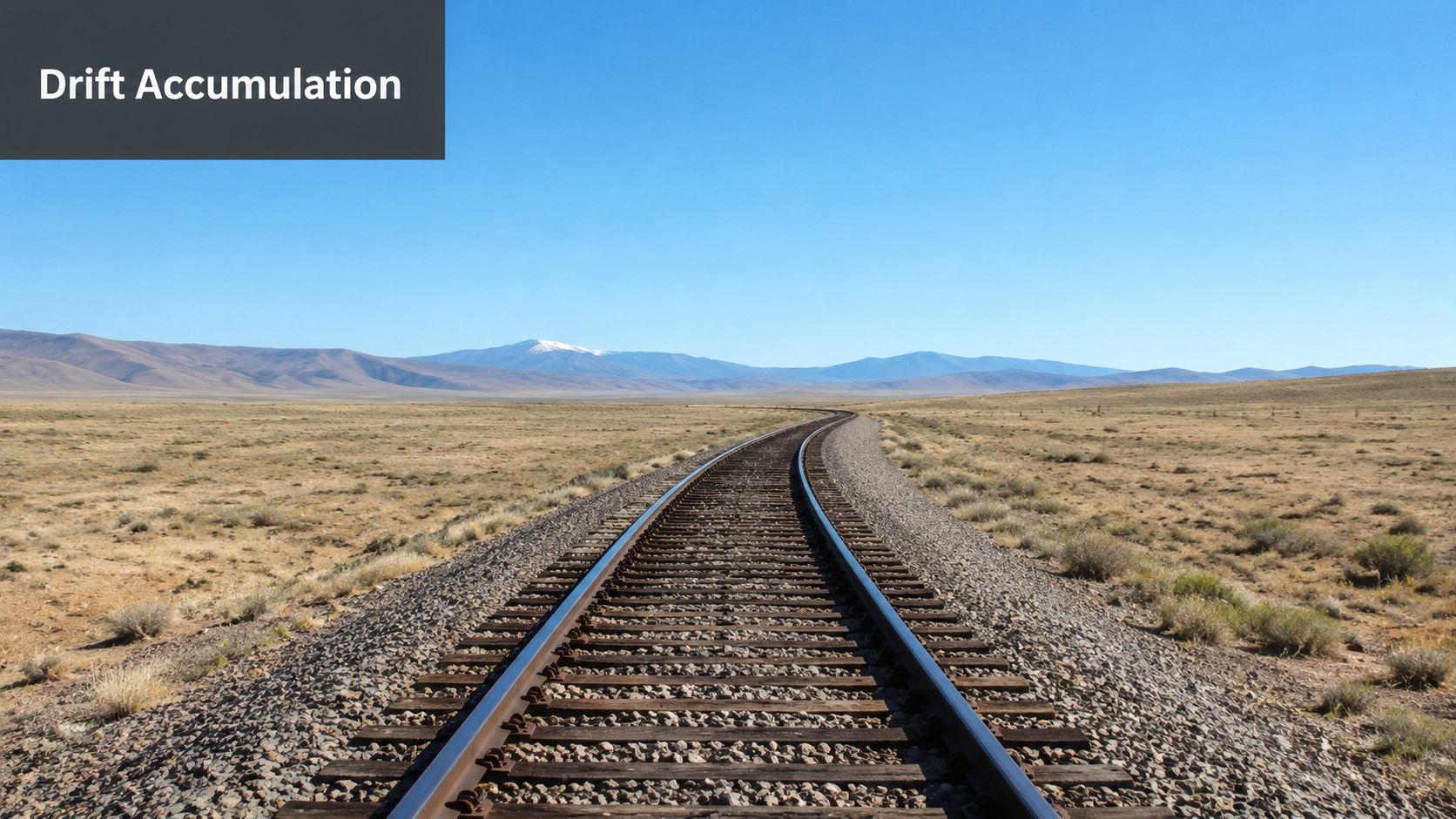 A scenic view of railroad tracks stretching across a vast, dry desert landscape towards distant mountains.