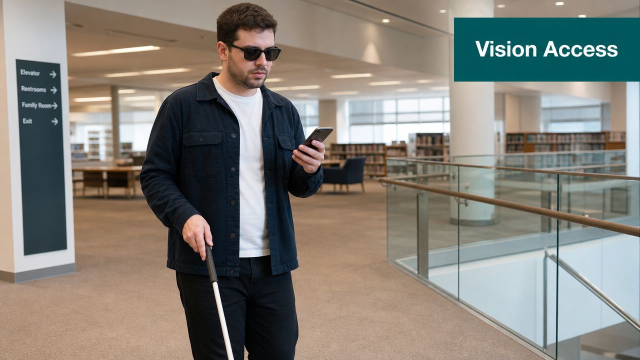 A visually impaired man using a smartphone while holding a white mobility cane in a library.