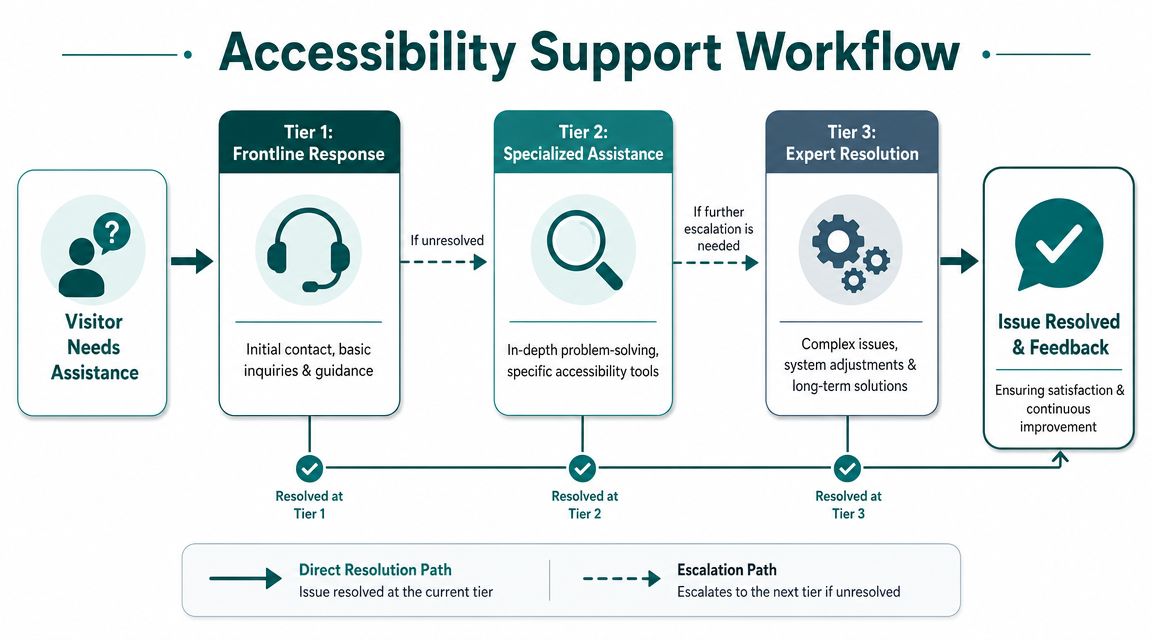 A flowchart showing a three-tier accessibility support workflow from initial visitor inquiry to final issue resolution.