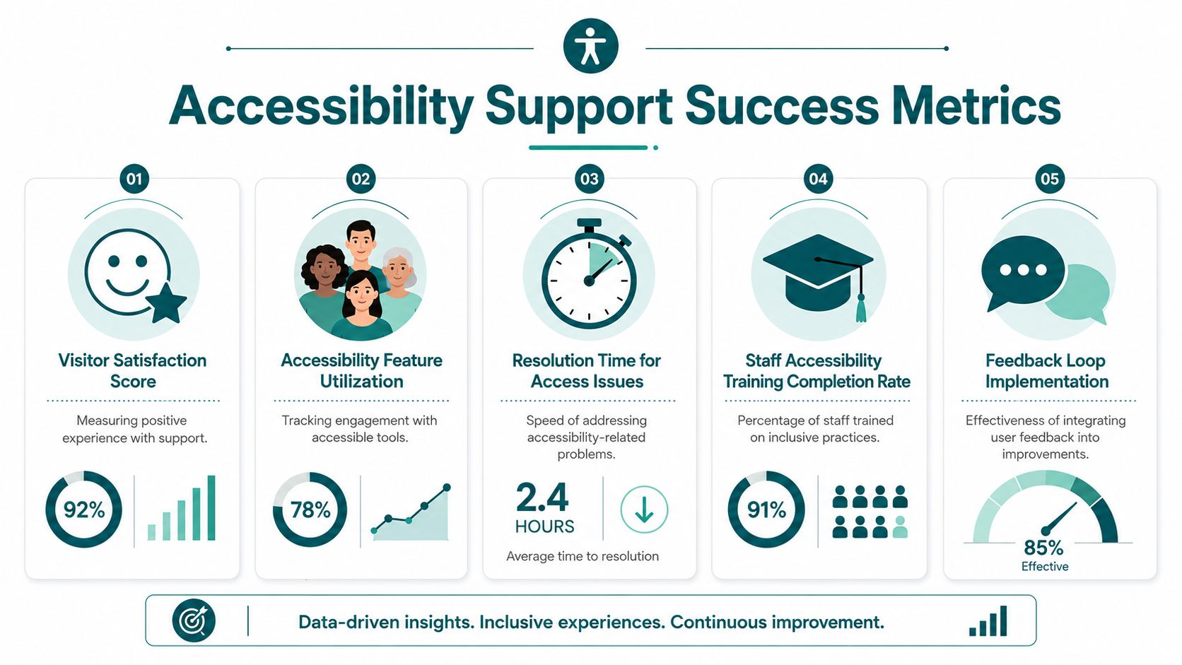 An infographic titled Accessibility Support Success Metrics showing five key performance indicators for organizational accessibility programs.