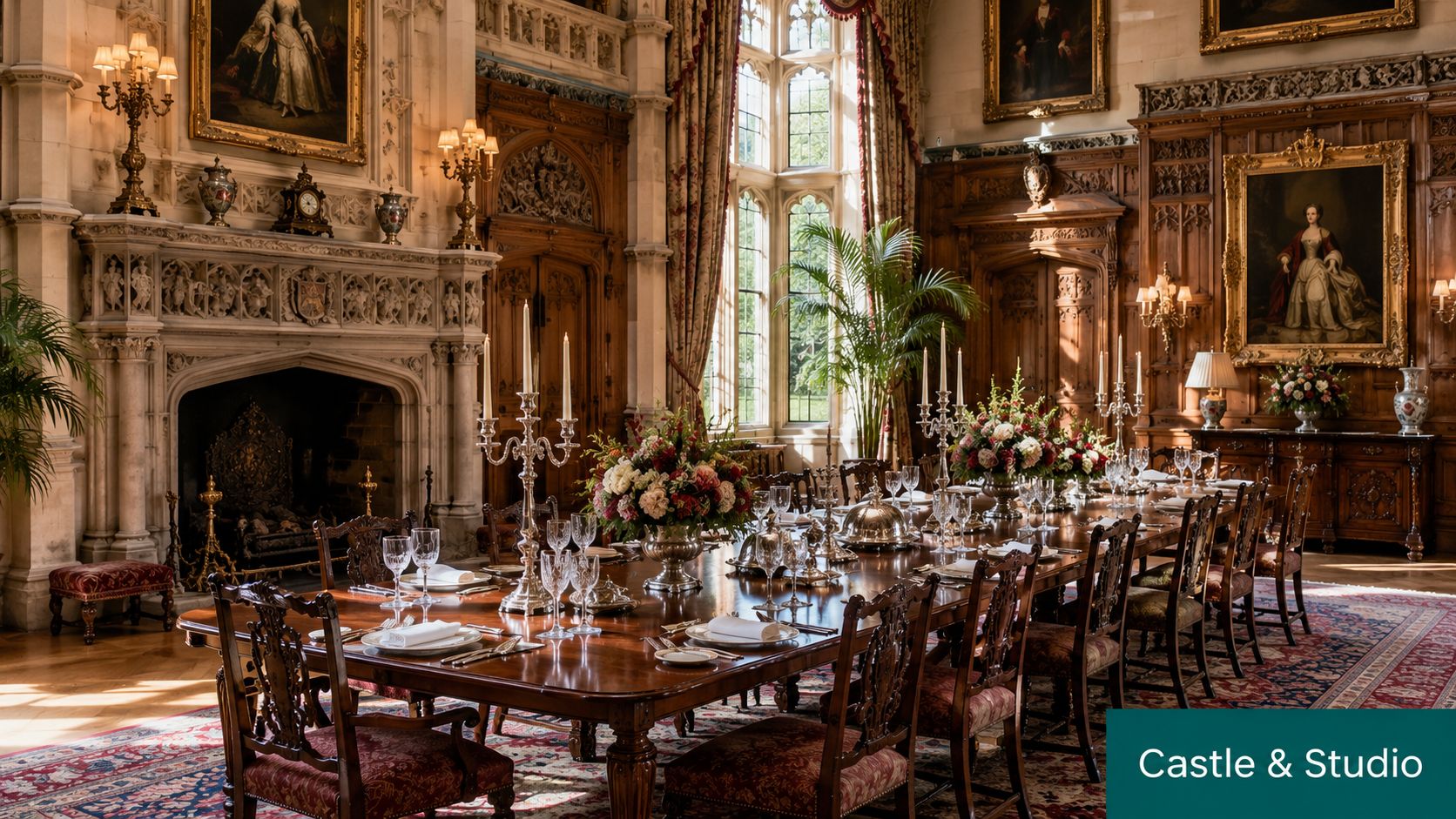 A grand, formal dining room in an English manor, featuring ornate wood paneling, a large fireplace, and elegant table settings.