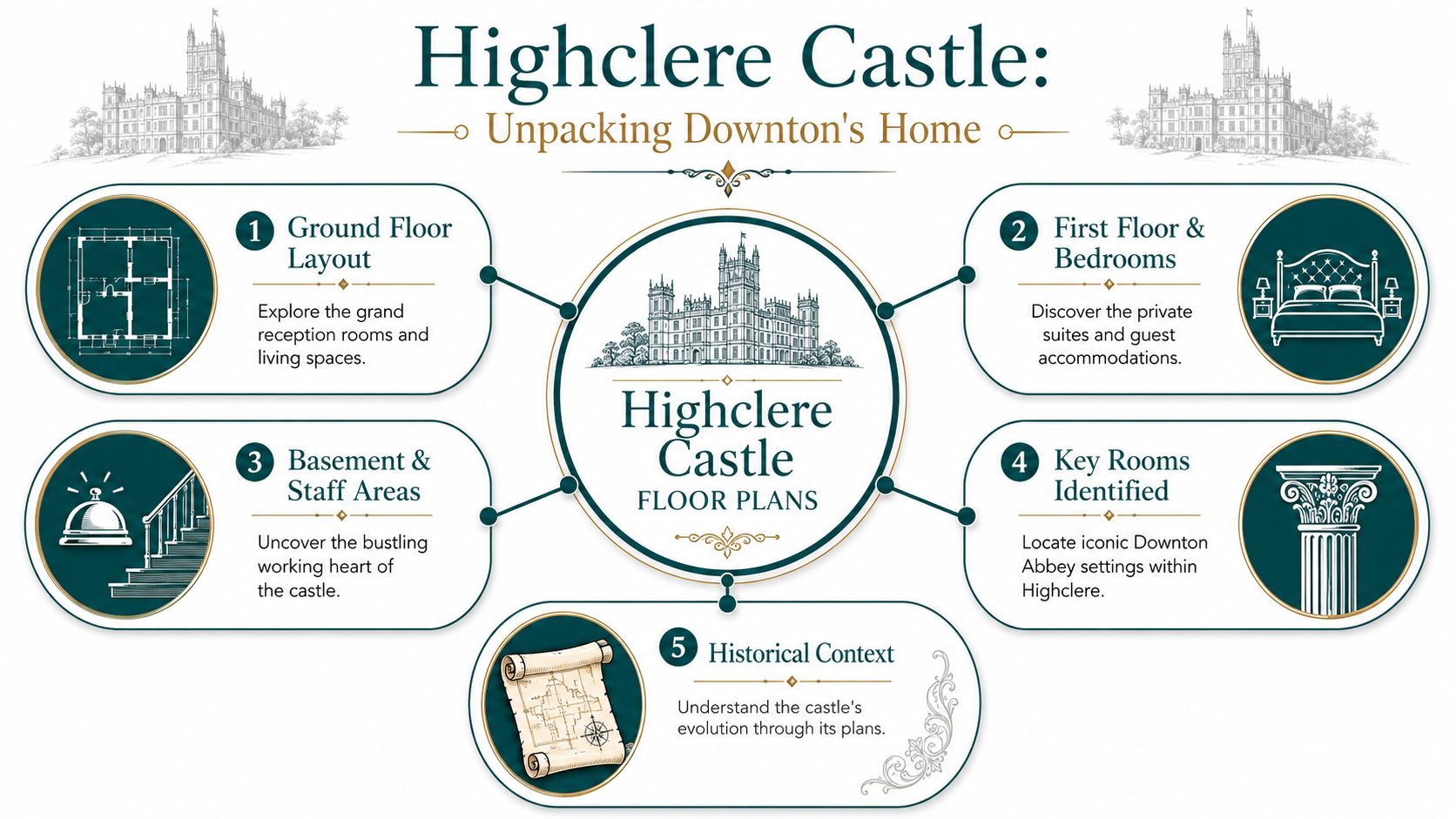 An infographic titled Highclere Castle Unpacking Downton Home featuring five numbered sections detailing various castle floor plans.