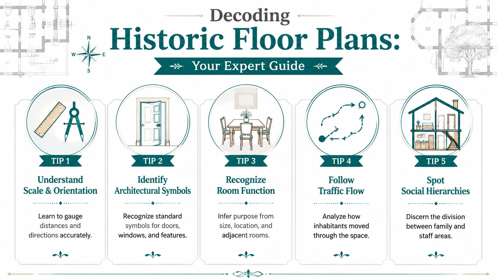 An infographic titled Decoding Historic Floor Plans featuring five numbered tips for understanding architectural design layouts.