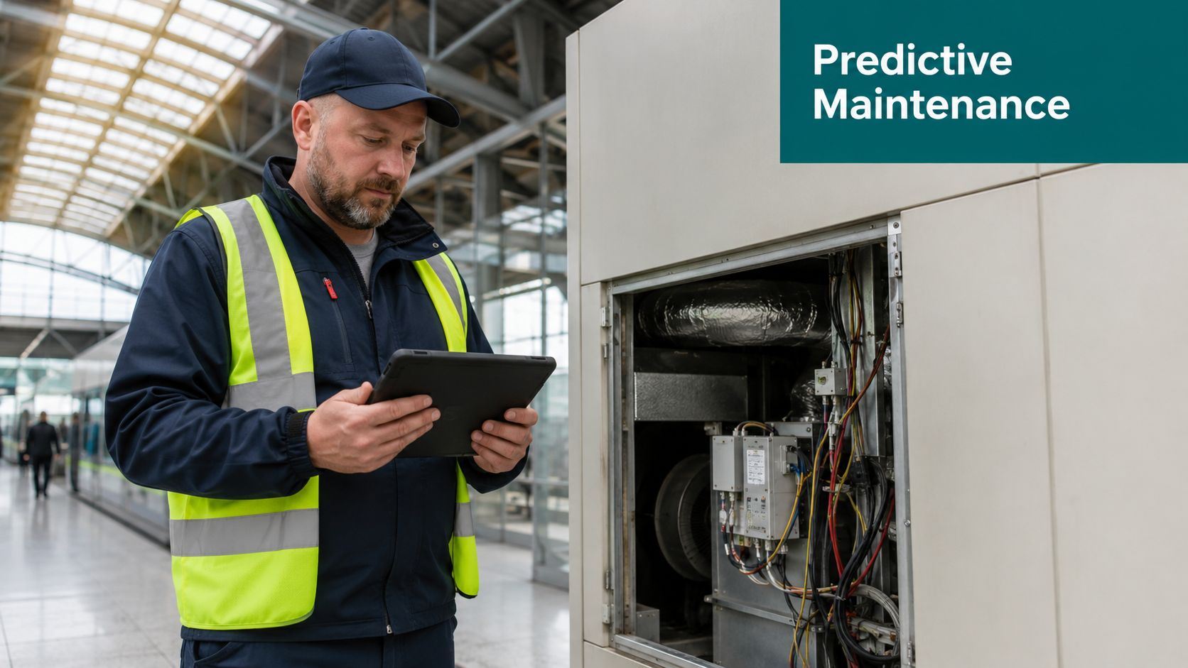 A technician wearing a high visibility vest holding a digital tablet to monitor mechanical equipment components.
