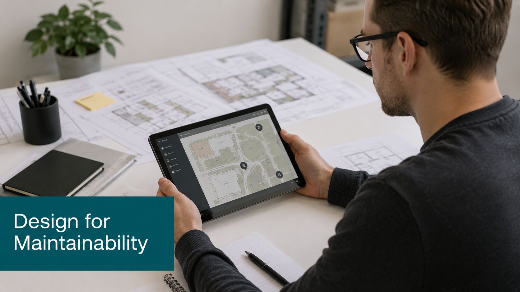 An architect using a tablet to review site plans with the text Design for Maintainability overlaid.