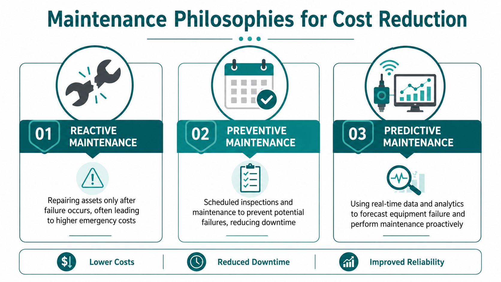 A diagram illustrating three maintenance philosophies: reactive, preventive, and predictive maintenance for operational cost reduction.