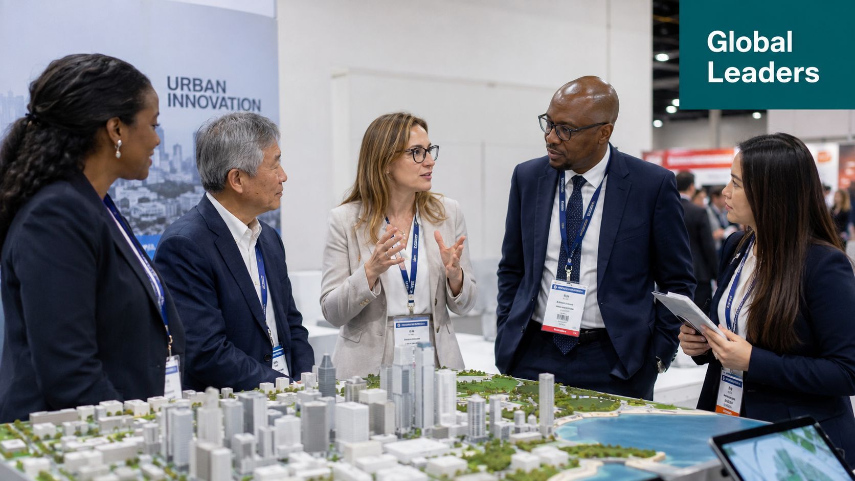 A diverse group of professionals discussing a detailed urban planning architectural model at a technology trade show.