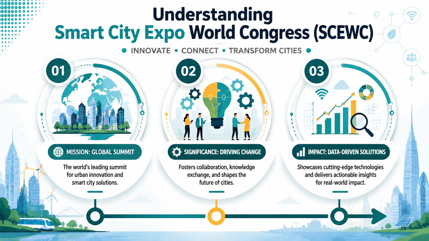 An infographic illustrating the Smart City Expo World Congress through three steps: mission, significance, and impact.