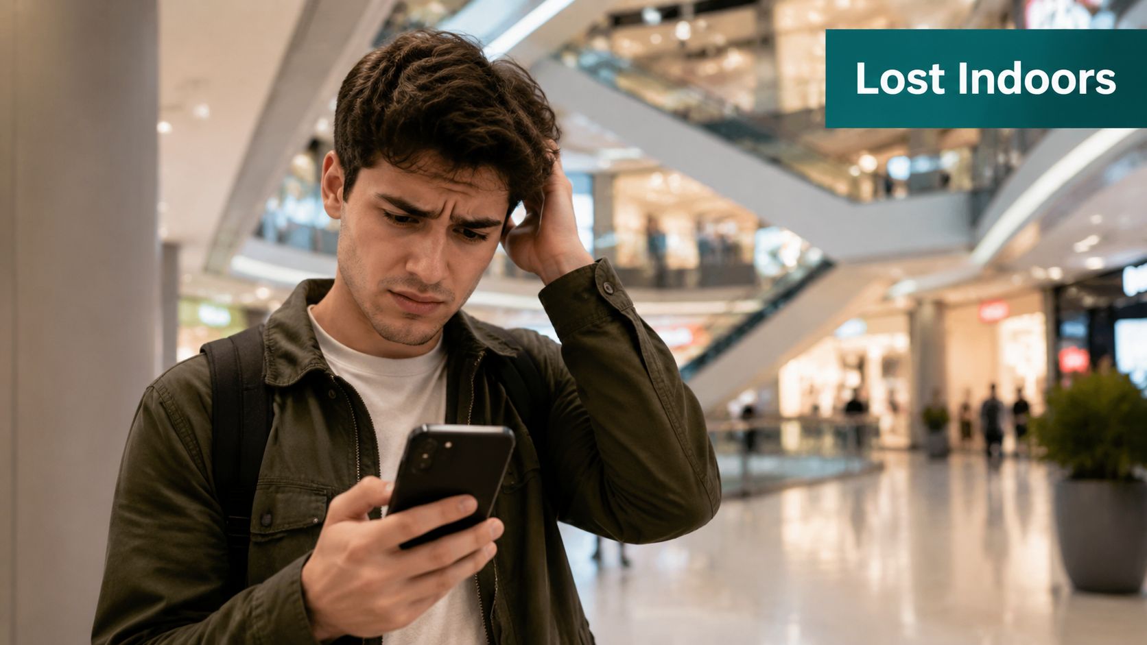 A confused young man standing in a modern shopping mall looking at his smartphone for directions.