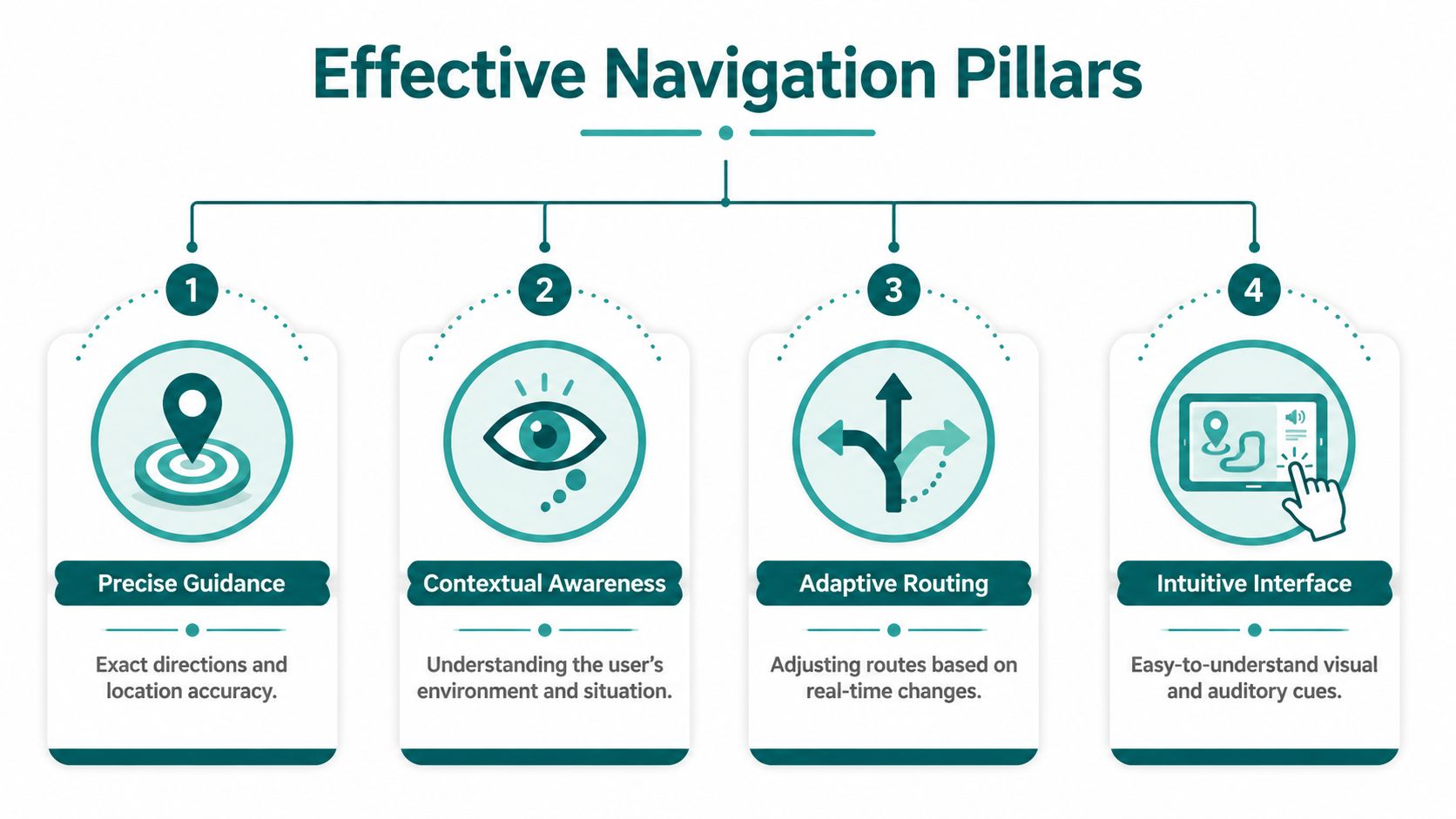 An infographic displaying the four pillars of effective navigation: precise guidance, contextual awareness, adaptive routing, and intuitive interface.