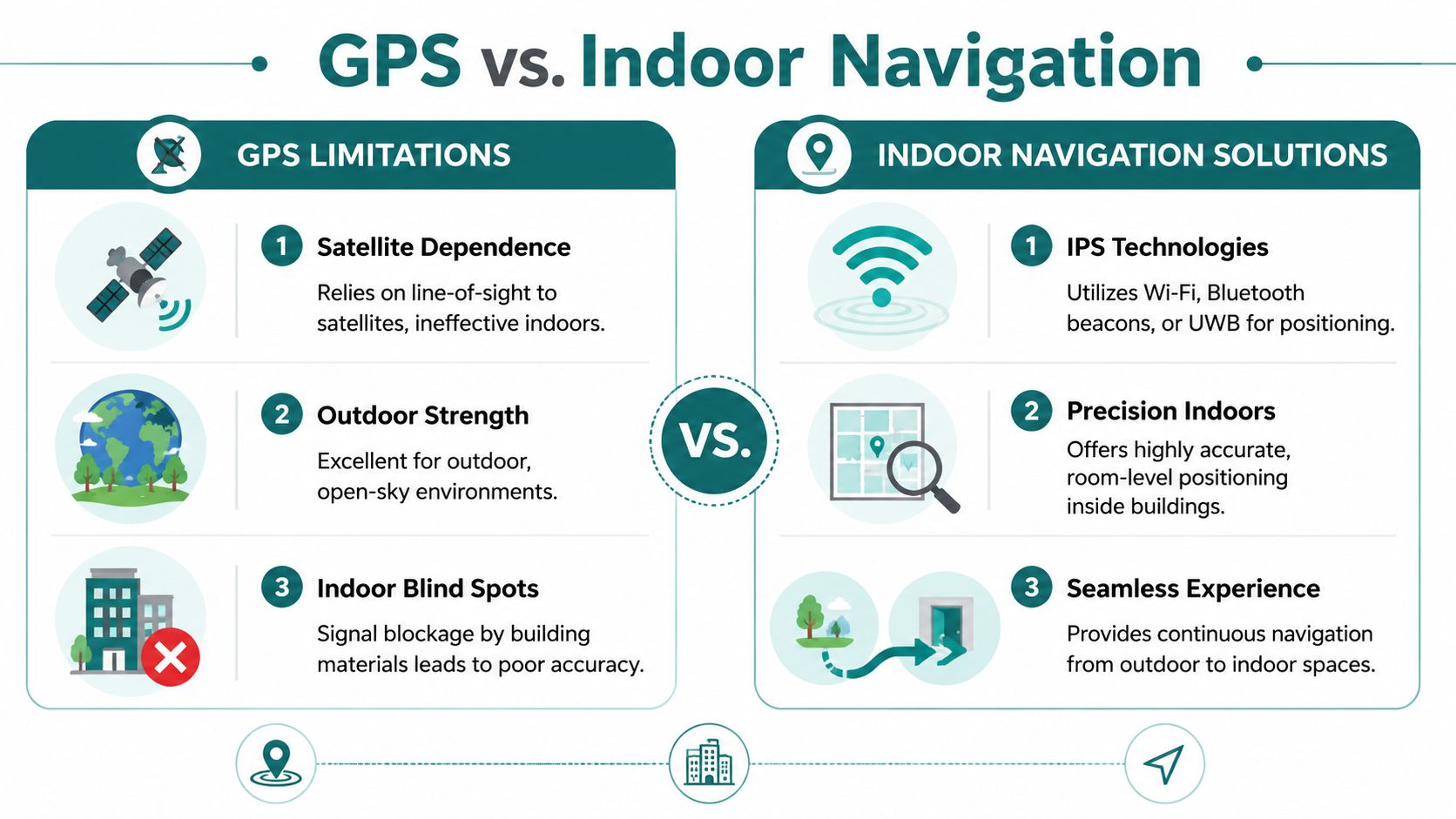 An infographic comparing GPS limitations for indoor usage against the benefits of indoor navigation technology solutions.