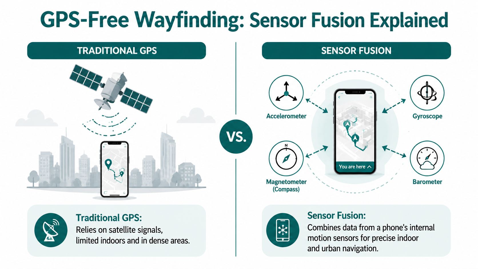 An infographic comparing traditional GPS satellite navigation with sensor fusion technology for indoor and urban wayfinding.