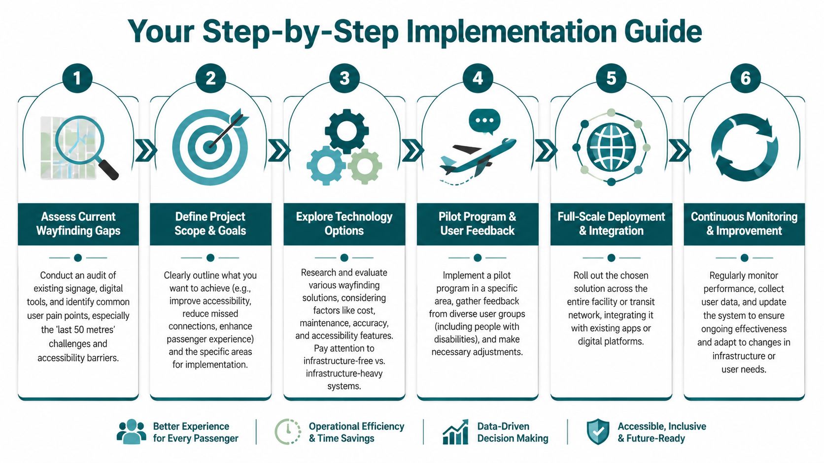 A six-step infographic guide for implementing effective wayfinding solutions in public transportation and facilities.