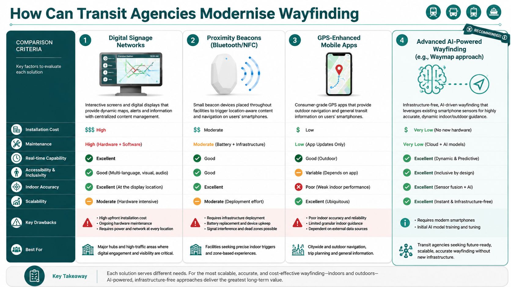 A comparison chart outlining four modern wayfinding solutions for public transit agencies including features, costs, and scalability.