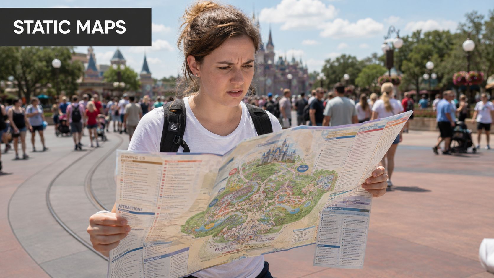 A confused young woman holding and studying a printed theme park map while walking outdoors.