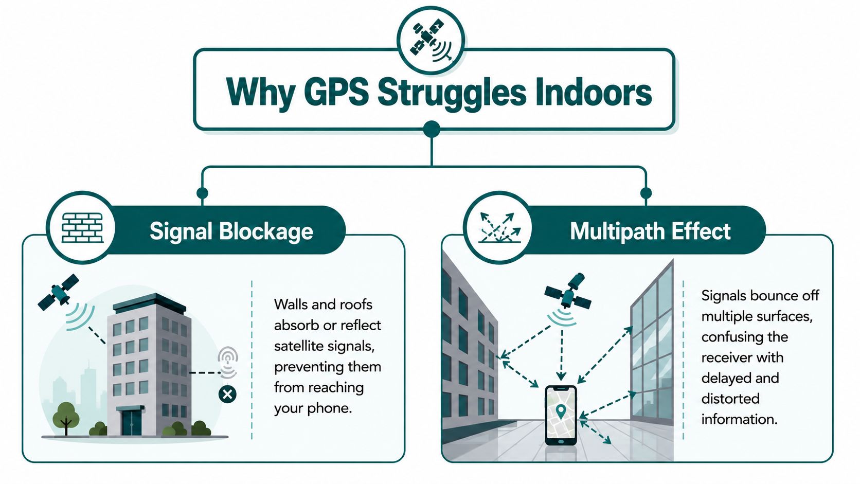 An infographic explaining why GPS struggles indoors due to signal blockage and the multipath effect phenomenon.