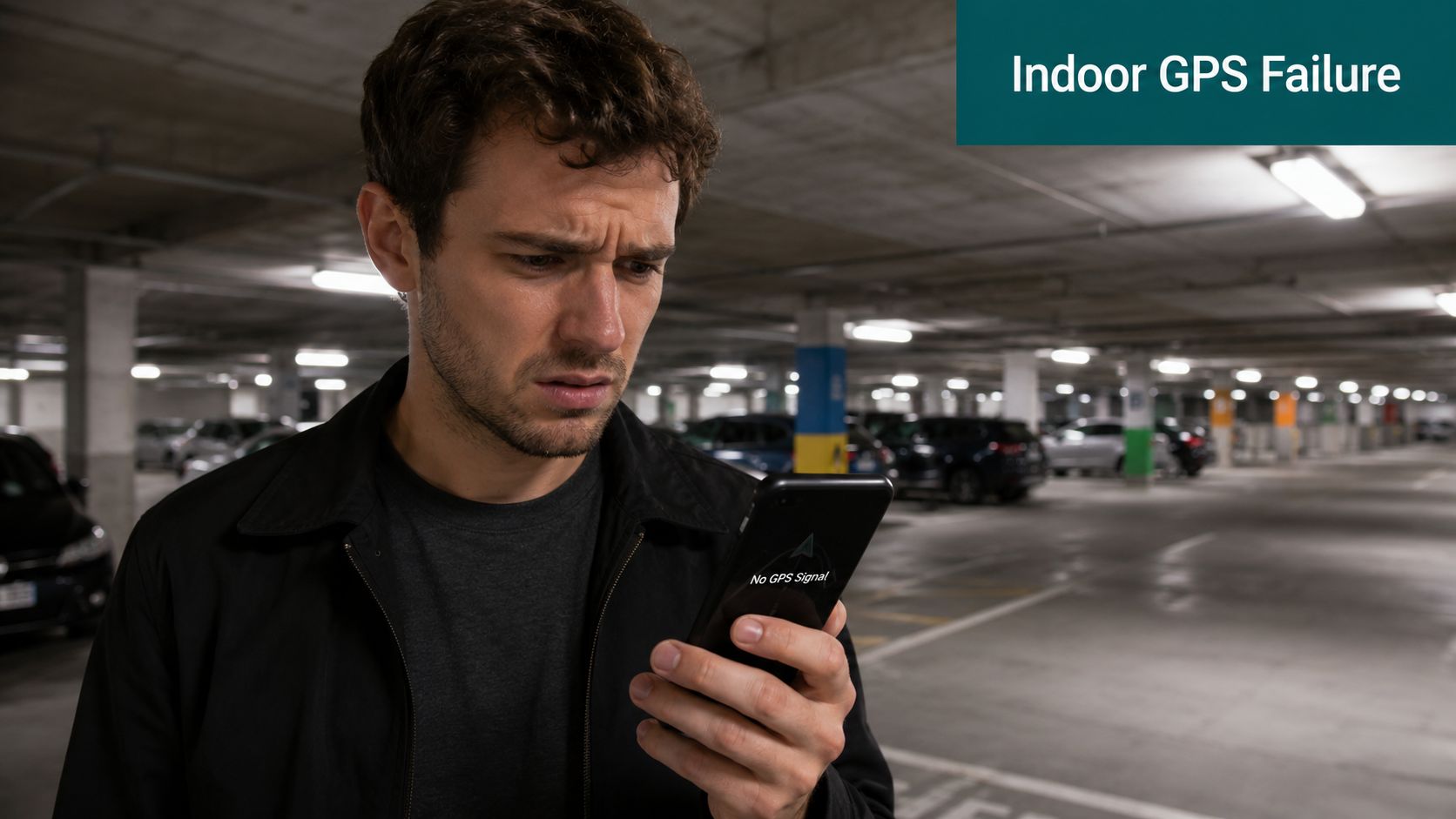 A man looks concerned at his smartphone screen displaying a No GPS Signal message in an indoor parking garage.